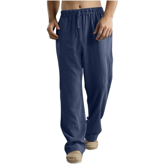 Men's Linen Pants Elastic Waist Drawstring Trousers Casual Lightweight Loose Yoga Beach Pants Outdoor Sweatpants