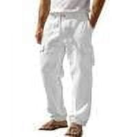 Men's Linen Pants For Summer Multi Pocket Straight Leg Comfortable And Breathable Outdoor Pants White