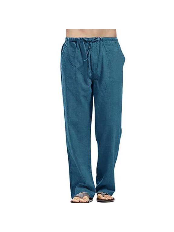 Men's Linen Pants Lightweight Breathable Straight Leg Loungewear Elastic Waist Drawstring Loose Fit Casual Trousers with Pockets for Daily Outdoor Commute Blue S