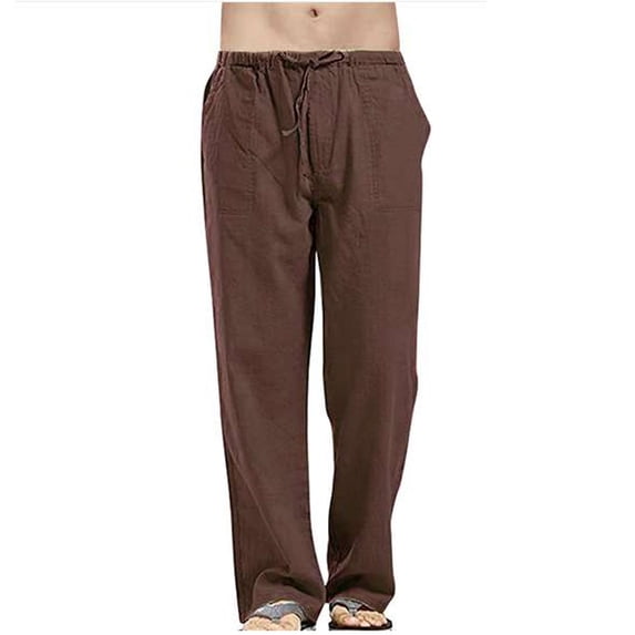 Men's Linen Pants Lightweight Breathable Straight Leg Loungewear Elastic Waist Drawstring Loose Fit Casual Trousers with Pockets for Daily Outdoor Commute Brown 4Xl