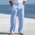 thumbnail image 1 of Men's Linen Pants Lightweight Drawstring Elastic Waist Pockets Loose Fit Straight Legs Summer Beach Yoga Blue L, 1 of 8
