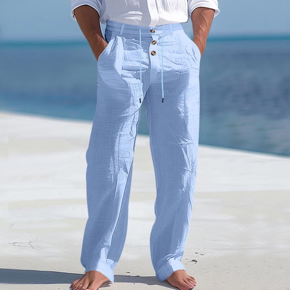 Men's Linen Pants Lightweight Drawstring Elastic Waist Pockets Loose Fit Straight Legs Summer Beach Yoga Blue L