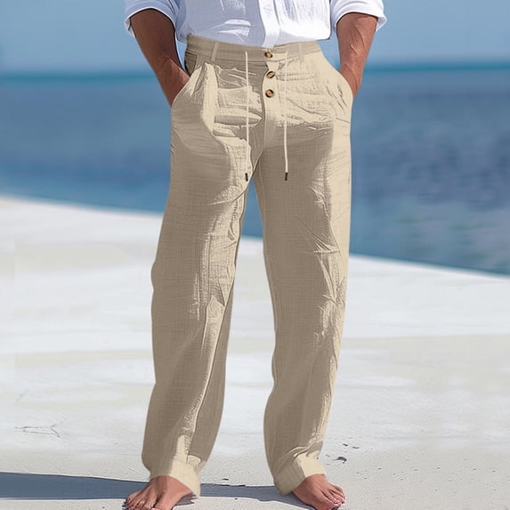 Men's Linen Pants Lightweight Drawstring Elastic Waist Pockets Loose Fit Straight Legs Summer Beach Yoga Brown L
