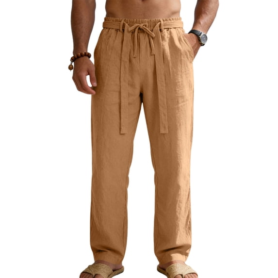 Men's Linen Pants Lightweight Drawstring Elastic Waist Pockets Loose Fit Straight Legs Summer Beach Yoga,S