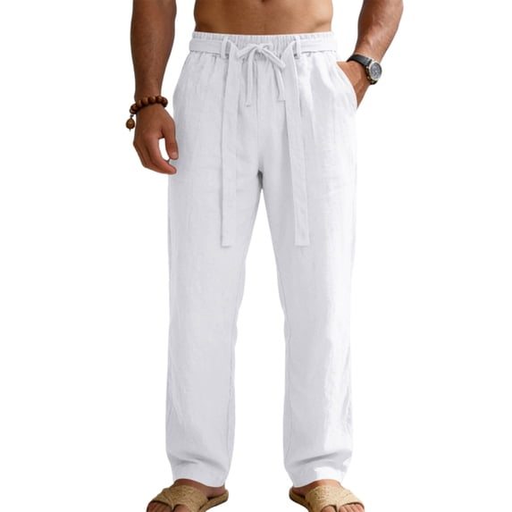 Men's Linen Pants Lightweight Drawstring Elastic Waist Pockets Loose Fit Straight Legs Summer Beach Yoga,XL
