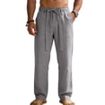 thumbnail image 1 of ‌Men's Linen Pants Lightweight Drawstring Elastic Waist Pockets Loose Fit Straight Legs Summer Beach Yoga,XL, 1 of 5