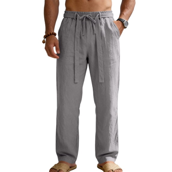 Men's Linen Pants Lightweight Drawstring Elastic Waist Pockets Loose Fit Straight Legs Summer Beach Yoga,XL