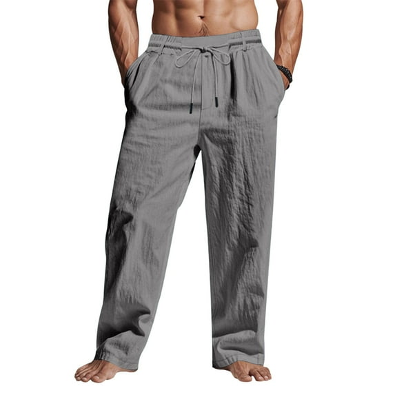 Men's Linen Pants Lightweight Drawstring Elastic Waist Pockets Loose Fit Straight Legs