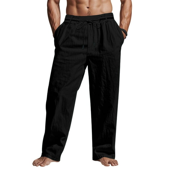 Men's Linen Pants Lightweight Drawstring Elastic Waist Pockets Loose Fit Straight Legs