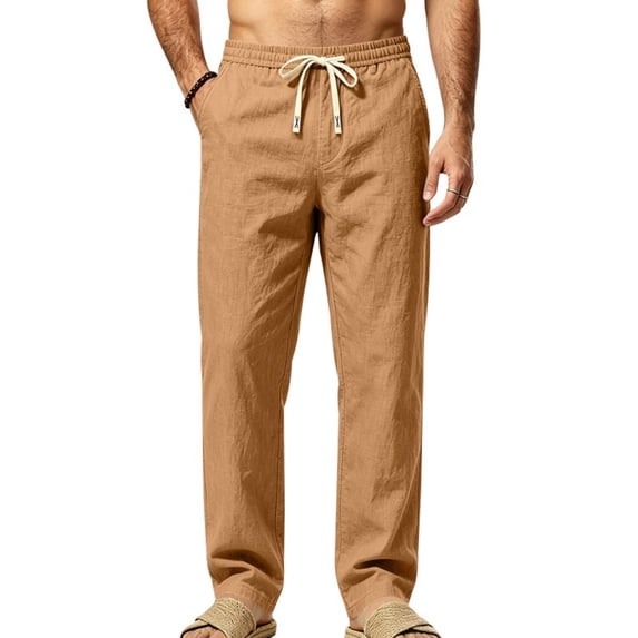 Men's Linen Pants Lightweight Drawstring Elastic Waist Straight Legs Loose Fit Summer Beach Yoga Pants with Pockets S