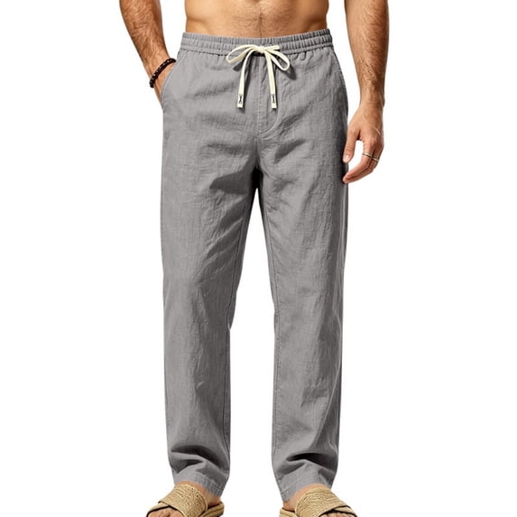 Men's Linen Pants Lightweight Drawstring Elastic Waist Straight Legs Loose Fit Summer Beach Yoga Pants with Pockets S