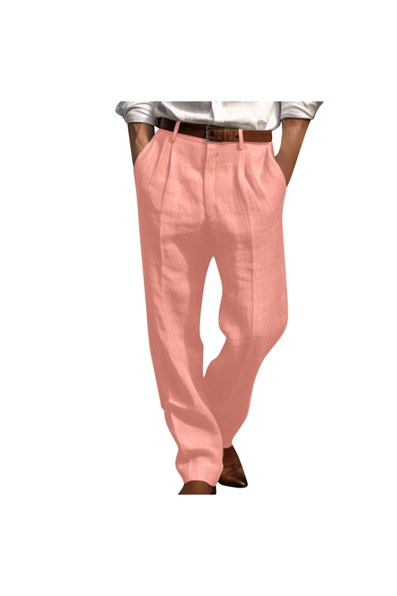 Men's Linen Pants Lightweight Straight Leg Pleated Leisure Dress Trouser Relaxed Fit Casual Outdoor Trousers Relaxed Fit Pant (S, Pink)