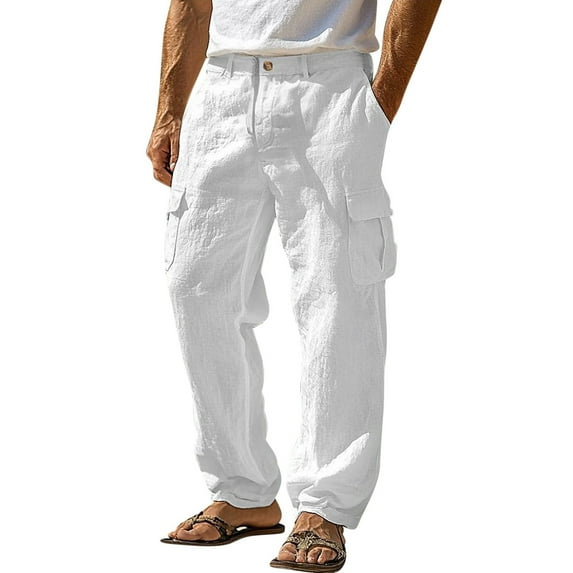 Men’s Linen Pants, Outdoor Workwear Cargo Pants with Multi Pockets, Straight Leg Loose Fit Breathable Trousers, Comfortable Hiking Pants for Camping, Climbing, Travel and Daily Casual Use