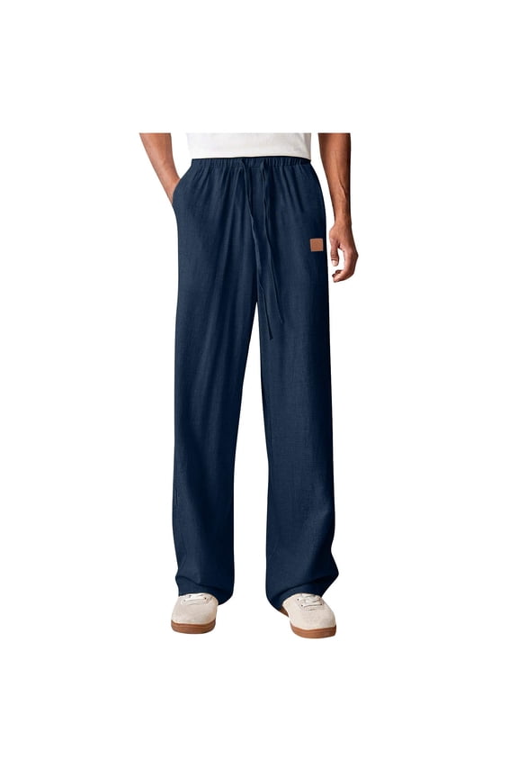 Men's Linen Pants Pleated Casual Lightweight Straight Leg Loose Drawstring Elastic Waist Baggy Walking Gym Joggers Trousers with Pocket (L, Dark Blue)