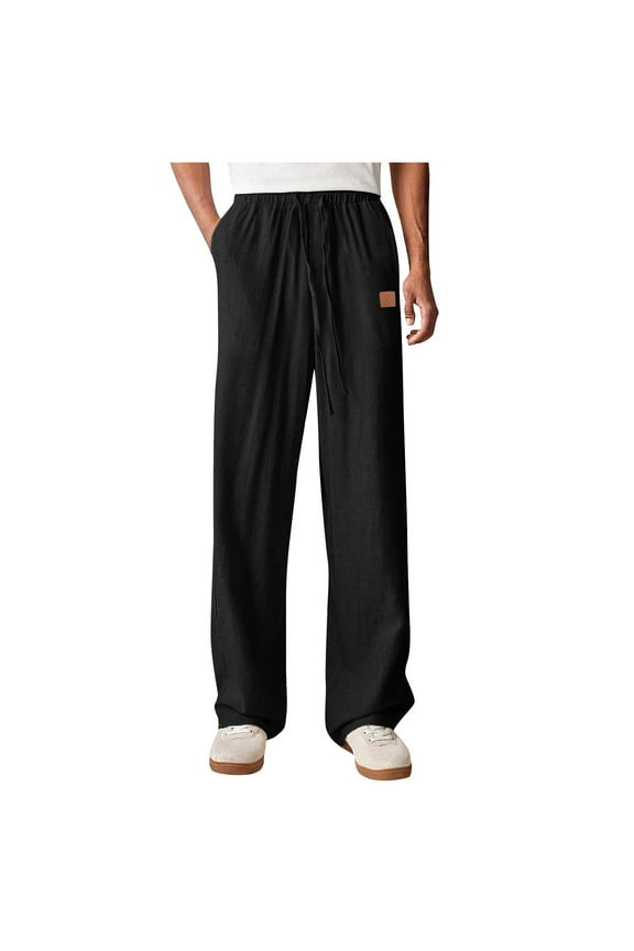 Men's Linen Pants Pleated Casual Lightweight Straight Leg Loose Drawstring Elastic Waist Baggy Walking Gym Joggers Trousers with Pocket (XL, Black)