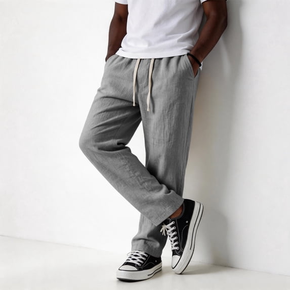Men’s Linen Pants Relaxed Fit Summer Pants with Drawstring Elastic Waist, 3XL
