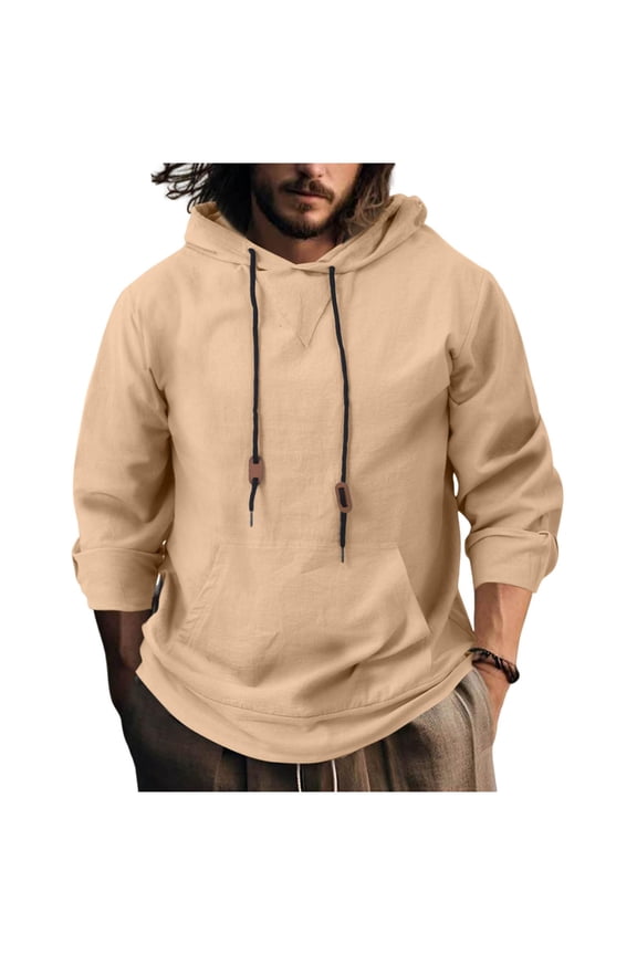Men's Linen Pullover Sweatshirt Long Sleeve Roll-Up Sleeve Casual Lose Fit Shirts Tops with Hood for Winter