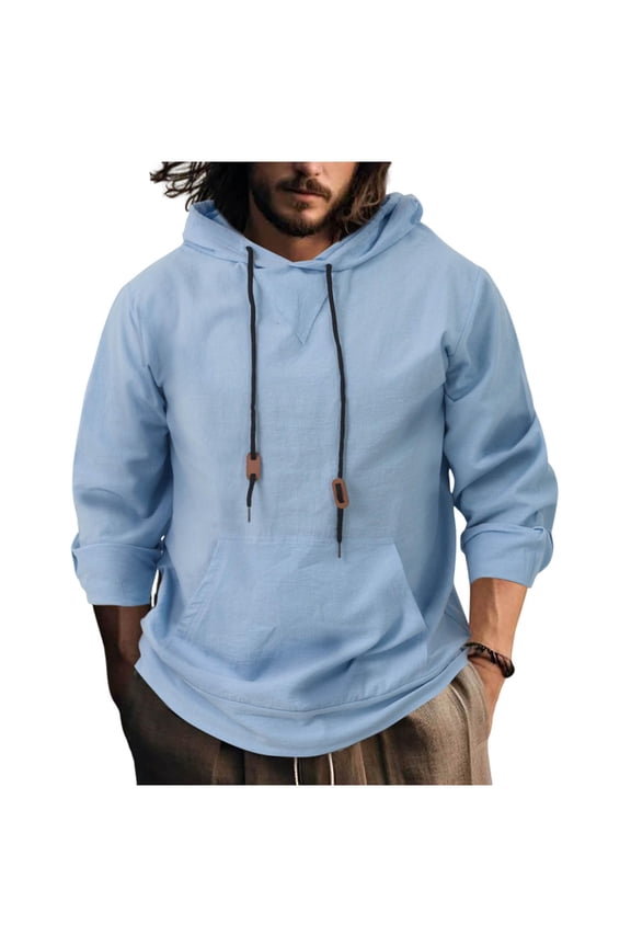 Men's Linen Pullover Sweatshirt Long Sleeve Roll-Up Sleeve Casual Lose Fit Shirts Tops with Hood for Winter