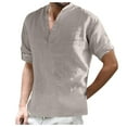thumbnail image 1 of Men's Linen Roll Up Long Sleeve Shirt Cotton Casual Beach Shirts Henley T-Shirt Solid Band Collar Vacation Tops, 1 of 6