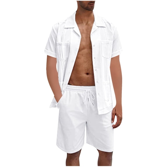 Men's Linen Sets 2 Pieces Summer Vacation Party Beach Outfits Short Sleeve Button Down Shirts and Shorts Set with Muti Pocket White