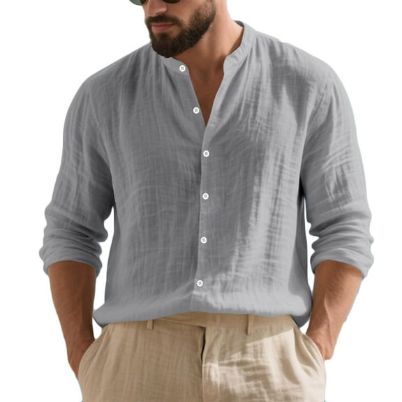 Men's Linen Shirt Button Down Long Sleeve Cotton Band Collar Casual Beach Shirts Stylish Solid Color Loose Blouses (S, Dark Gray)