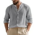 thumbnail image 1 of Men's Linen Shirt Button Down Long Sleeve Cotton Band Collar Casual Beach Shirts Stylish Solid Color Loose Blouses (XL, Dark Gray), 1 of 6