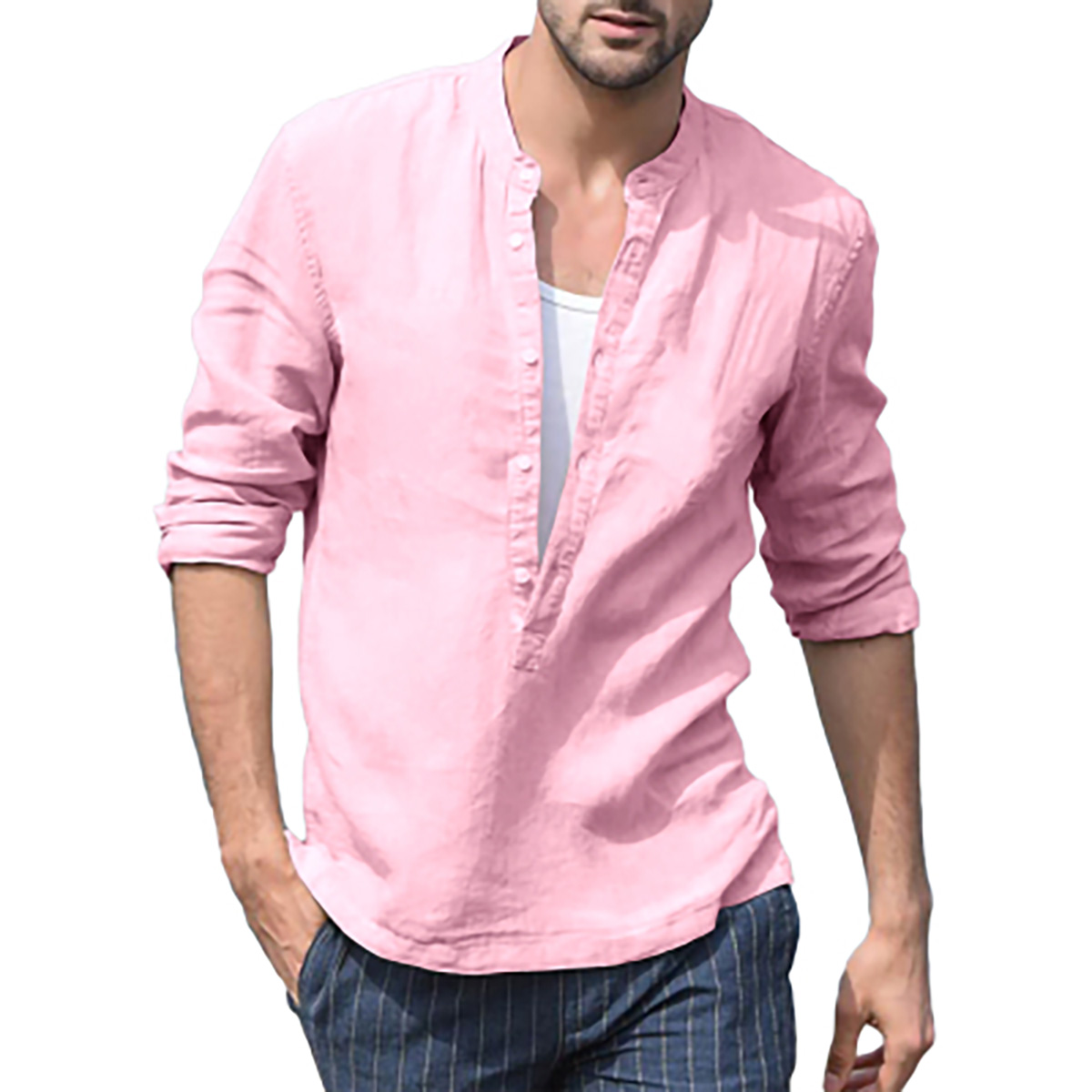 Makkrom Men's Casual Button Down Cotton Linen Shirts Long Sleeve Band  Collar Beach Shirt Top