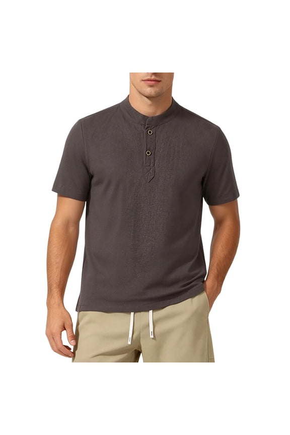 Men's Linen Shirt Henley Standing Collar Short Sleeve Breathable Lightweight Casual Tops Father's Gift,M-5XL