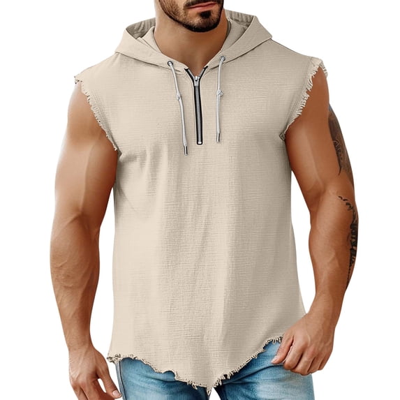 Men's Linen Shirt Hooded Tank Tops Sleeveless Half Zip Tees with Drawstring Edge A-Shirts for Gym Workout Beige 2XL