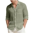 thumbnail image 1 of Men's Linen Shirt Long Sleeve Button Down Casual Lightweight Shirts Stylish Solid Color Loose Blouses with Pocket (L, Army Green), 1 of 7