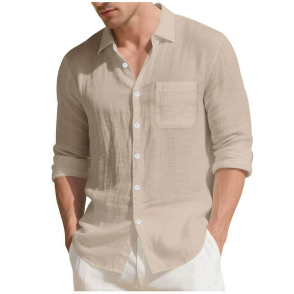 Men's Linen Shirt Long Sleeve Button Down Casual Lightweight Shirts Stylish Solid Color Loose Blouses with Pocket (L, Khaki)