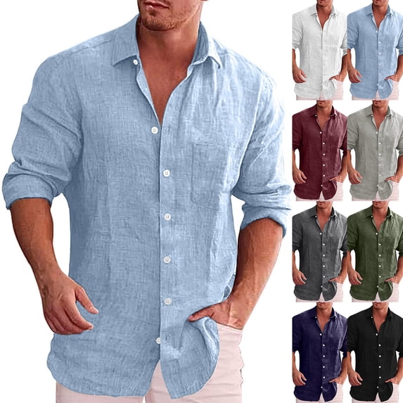 Men's Linen Shirt Long Sleeve Button Down Casual Shirts Untucked Dress Shirts Beach Vacation Fall Tops Black L