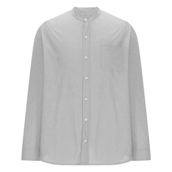 Men's Linen Shirt Long Sleeve Button Down Shirt Cotton Casual Shirt with Pocket Breathable Band Collar Shirt for Beach Vacation
