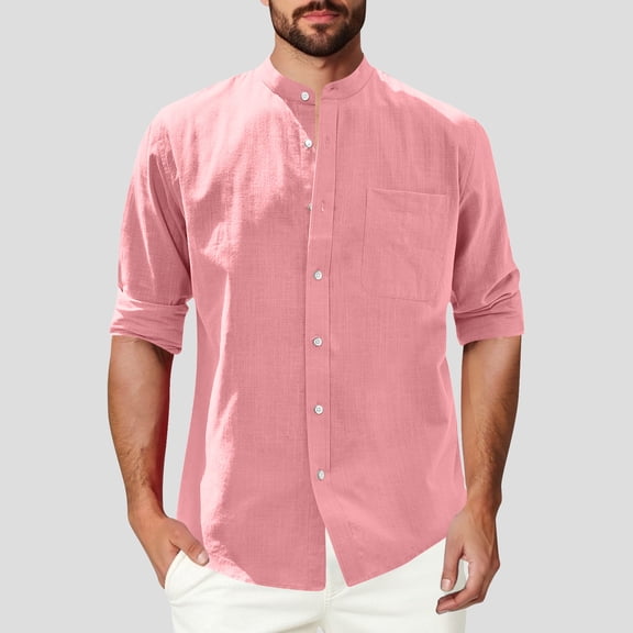 Men's Linen Shirt Long Sleeve Button Down Shirt Cotton Casual Shirt with Pocket Breathable Band Collar Shirt for Beach Vacation