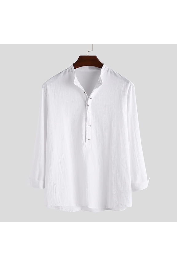 Men's Linen Shirt Long Sleeved Standing Collar Button Up Shirt Fashionable Casual Shirt Top Blouse