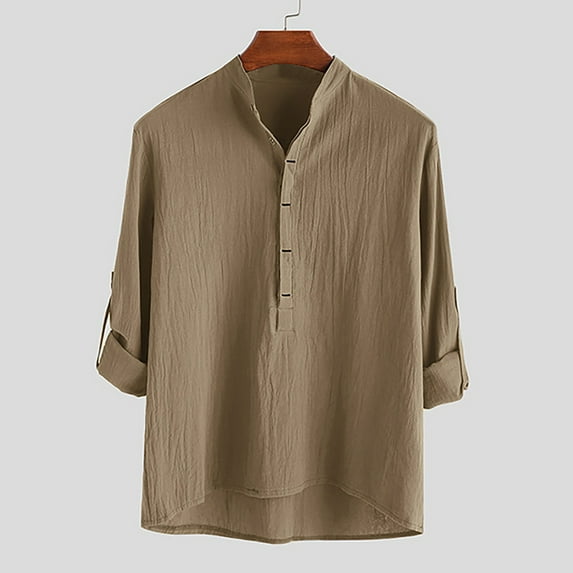 Men's Linen Shirt Long Sleeved Standing Collar Button Up Shirt Fashionable Casual Shirt Top Blouse