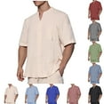 thumbnail image 1 of Men's Linen Shirt Short Sleeve Casual Grandad Shirts Collarless Henleys T Shirt Summer Beach Tops Khaki L, 1 of 7
