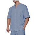 thumbnail image 1 of Men's Linen Shirt Short Sleeve Casual Grandad Shirts Collarless Henleys T Shirt Summer Beach Tops Navy L, 1 of 6