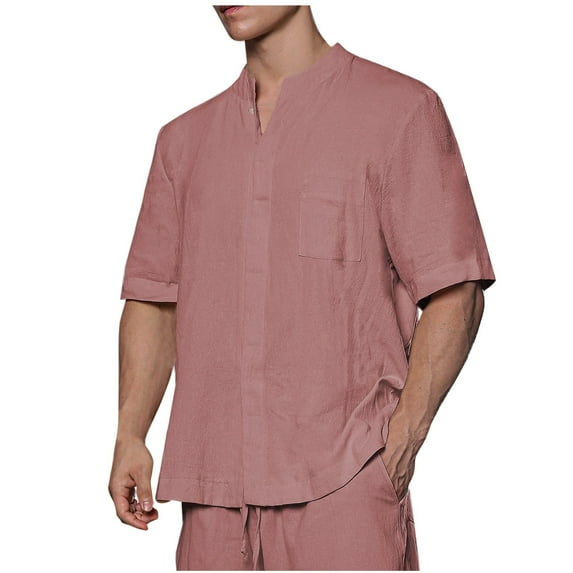 Men's Linen Shirt Short Sleeve Casual Grandad Shirts Collarless Henleys T Shirt Summer Beach Tops Red L