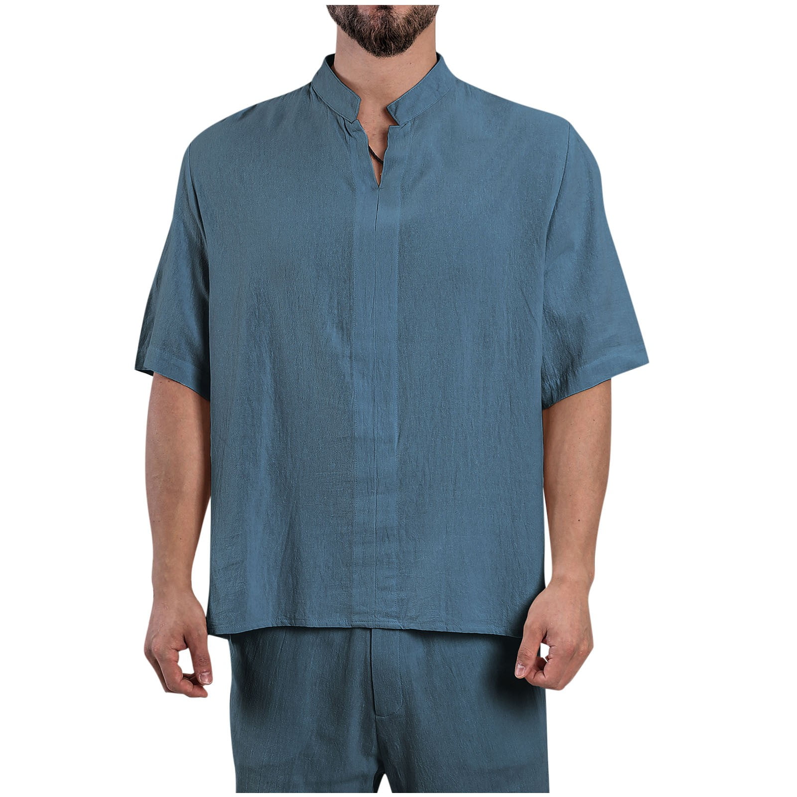Men's Summer Cotton Slim Fit Grandad Collar Shirt - Short Sleeve & Stylish