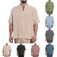 thumbnail image 1 of Men's Linen Shirt Short Sleeve Grandad Collar Collarless Henley Shirts Men Solid Color Casual Summer Beach Holiday Button Down Tops Khaki L, 1 of 5