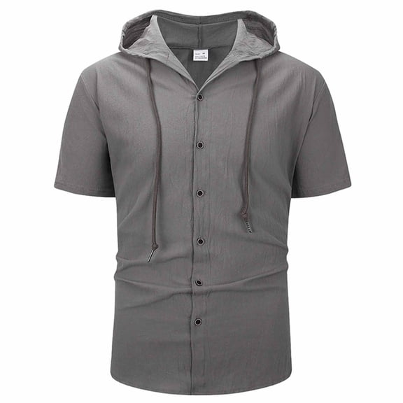 Men's Linen Shirt, Short Sleeve Hooded Button-Up, Casual Loose Fit Top, Breathable Summer