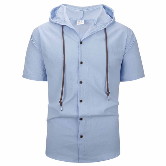 Men's Linen Shirt, Short Sleeve Hooded Button-Up, Casual Loose Fit Top, Breathable Summer