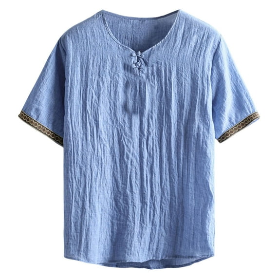 Men's Linen Shirt Short Sleeve Summer Shirt Vintage Men Casual Shirt Regular Fit Men Shirts Sky Blue XXXL