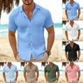 thumbnail image 1 of Men's Linen Shirt Short Sleeve Vintage Cuba Collar Button Down Beach Shirt for Casual Vacation Holiday Tropical Outdoor Outfits Loose Fit Breathable | Ihhxva,Khaki L, 1 of 8