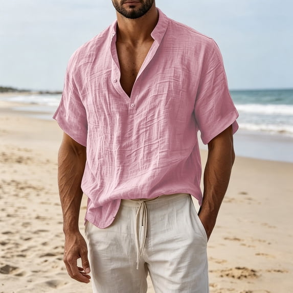 Men's Linen Shirt, Solid Color Short Sleeve Button Down, Summer Beach Holiday Top For Casual Streetwear & Vacation Pink 3XL