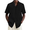 thumbnail image 1 of Men's Linen Shirts Band Collar Short Sleeve Tops Button Down T-Shirts Loose and Breathable Casual Beach Shirt Black M, 1 of 5