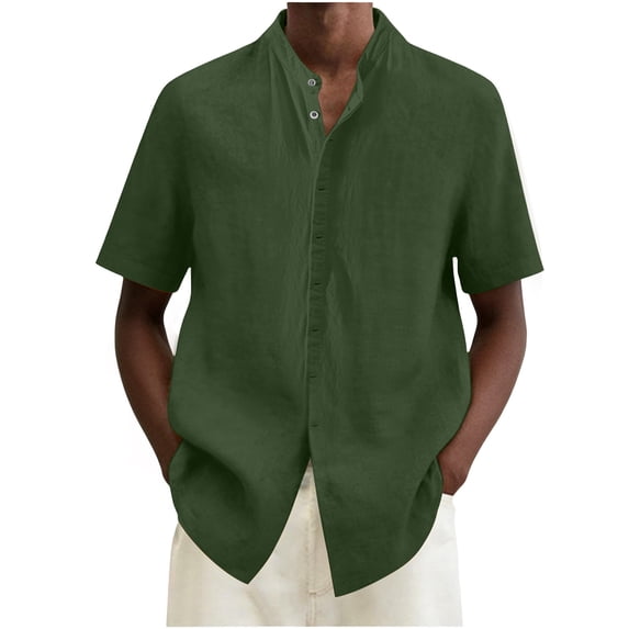 Men's Linen Shirts Band Collar Short Sleeve Tops Button Down T-Shirts Loose and Breathable Casual Beach Shirt Olive Green 2XL