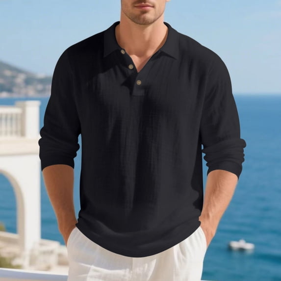 Men's Linen Shirts Casual Long Sleeve Polo Shirts Classic Button Down Collared Golf T-Shirts Lightweight Fall Tops