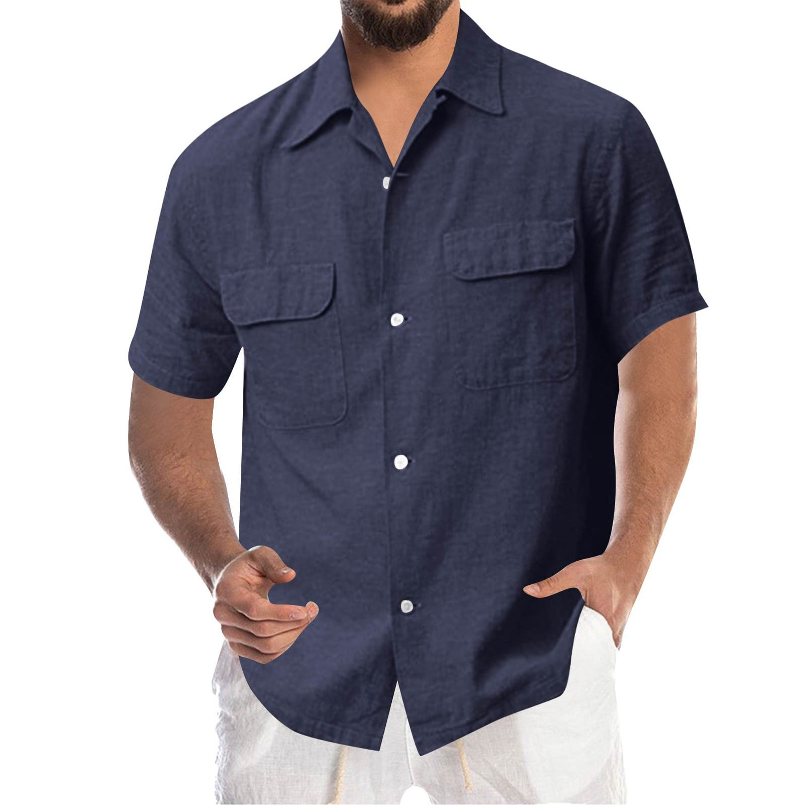 Men's Linen Shirts Casual Short Sleeve Summer Beach Shirt Hawaiian ...